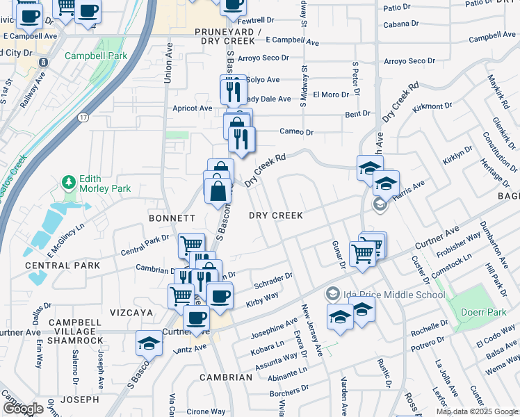 map of restaurants, bars, coffee shops, grocery stores, and more near 2331 Pauline Drive in San Jose