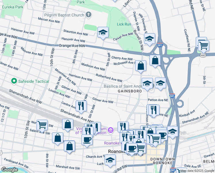map of restaurants, bars, coffee shops, grocery stores, and more near 415 Patton Avenue Northwest in Roanoke