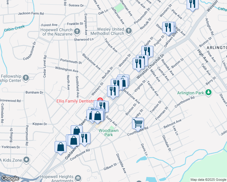 map of restaurants, bars, coffee shops, grocery stores, and more near 3317 Oaklawn Boulevard in Hopewell
