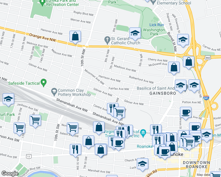 map of restaurants, bars, coffee shops, grocery stores, and more near 598 7th Street Northwest in Roanoke