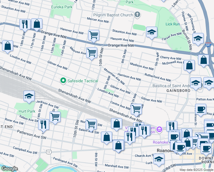 map of restaurants, bars, coffee shops, grocery stores, and more near 830 Gilmer Avenue Northwest in Roanoke