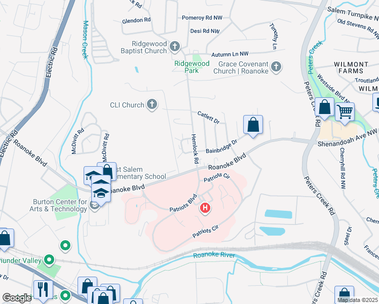map of restaurants, bars, coffee shops, grocery stores, and more near 985 Camelot Drive in Salem