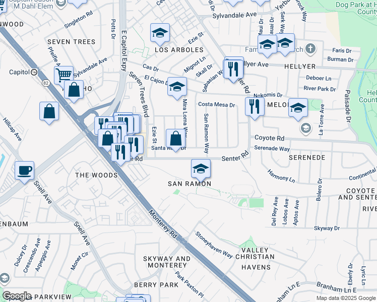map of restaurants, bars, coffee shops, grocery stores, and more near 204 Santa Rosa Drive in San Jose