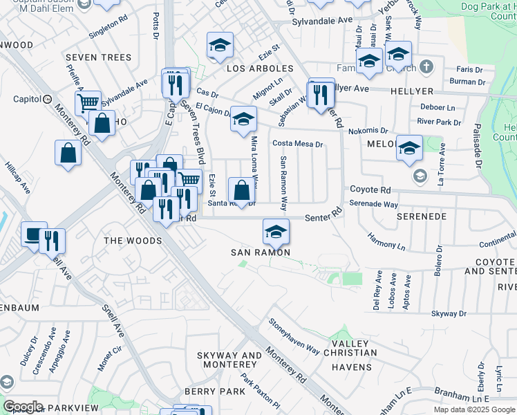 map of restaurants, bars, coffee shops, grocery stores, and more near 204 Santa Rosa Drive in San Jose