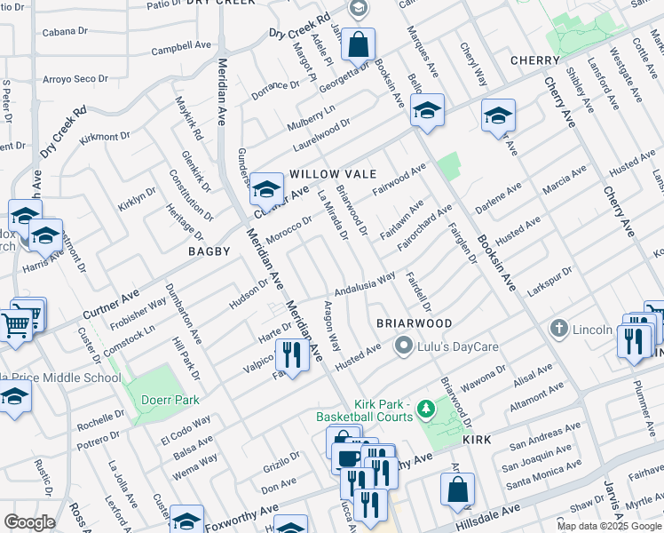 map of restaurants, bars, coffee shops, grocery stores, and more near 2521 Malaga Drive in San Jose