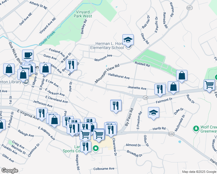 map of restaurants, bars, coffee shops, grocery stores, and more near 102 Mitchell Road in Vinton