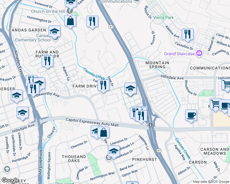 map of restaurants, bars, coffee shops, grocery stores, and more near 810 Hillsdale Avenue in San Jose
