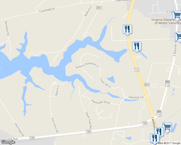 map of restaurants, bars, coffee shops, grocery stores, and more near 22237 Verlinda Landing South in Cape Charles