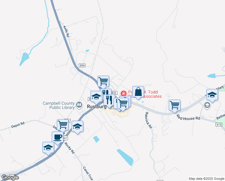 map of restaurants, bars, coffee shops, grocery stores, and more near 52 Mountain Lane in Rustburg