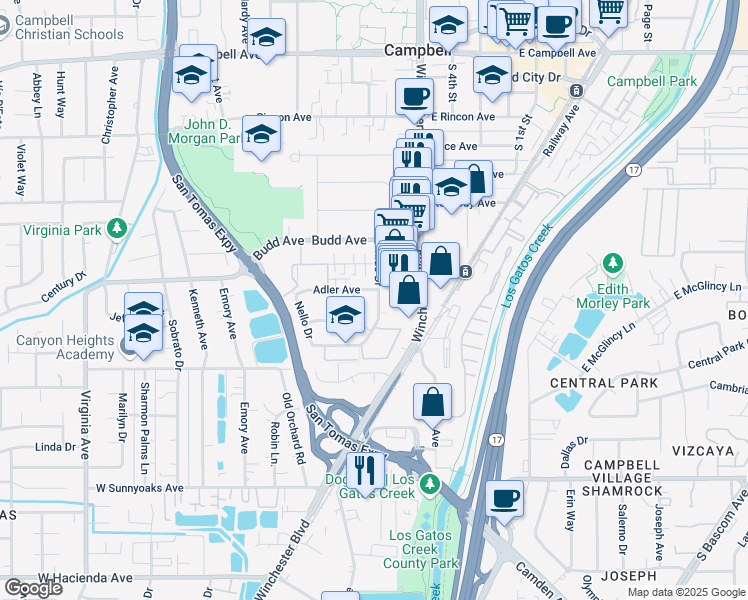 map of restaurants, bars, coffee shops, grocery stores, and more near 575 Nido Drive in Campbell