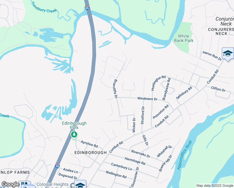 map of restaurants, bars, coffee shops, grocery stores, and more near 1106 Briarcliffe Drive in Colonial Heights