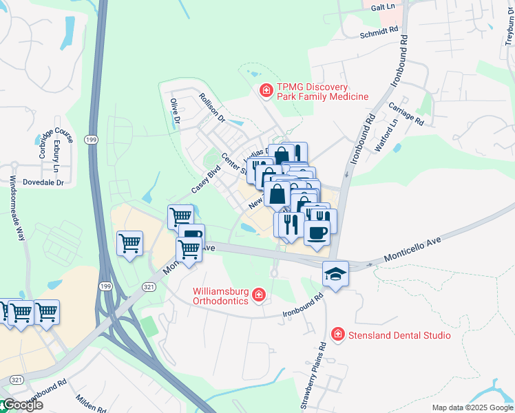 map of restaurants, bars, coffee shops, grocery stores, and more near 4214 New Town Avenue in Williamsburg