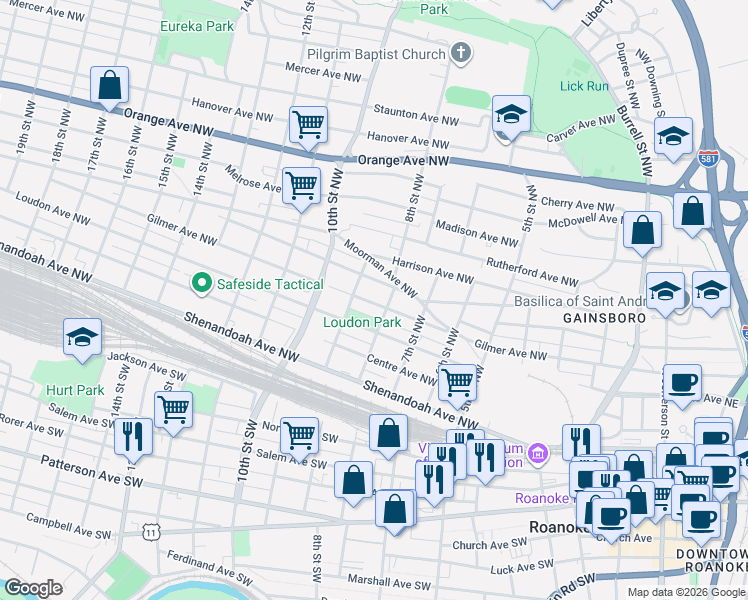 map of restaurants, bars, coffee shops, grocery stores, and more near 810 Gilmer Avenue Northwest in Roanoke