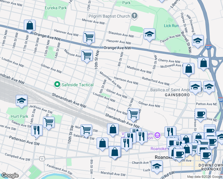 map of restaurants, bars, coffee shops, grocery stores, and more near 810 Gilmer Avenue Northwest in Roanoke