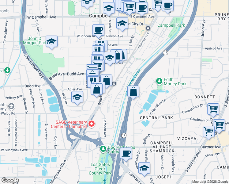map of restaurants, bars, coffee shops, grocery stores, and more near 508 Railway Avenue in Campbell