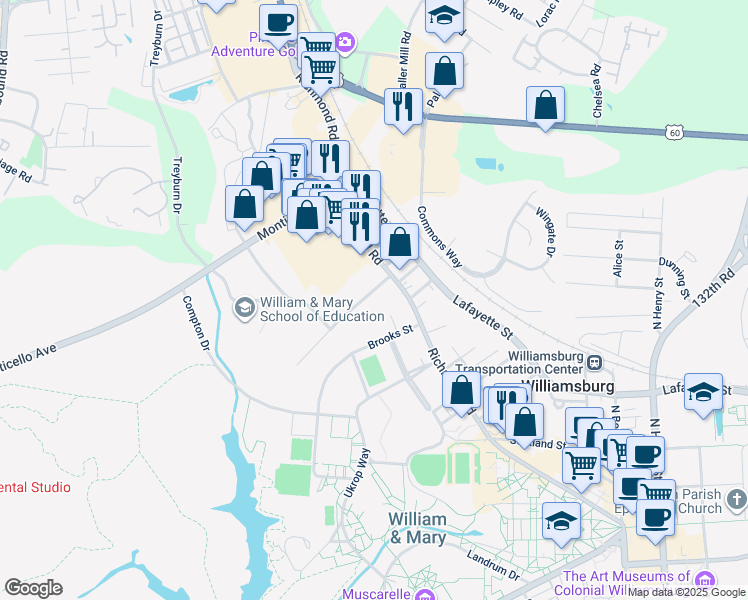 map of restaurants, bars, coffee shops, grocery stores, and more near 111 Matoaka Court in Williamsburg