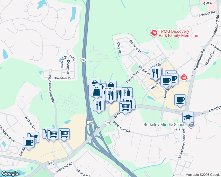 map of restaurants, bars, coffee shops, grocery stores, and more near 4901 Settlers Market Boulevard in Williamsburg