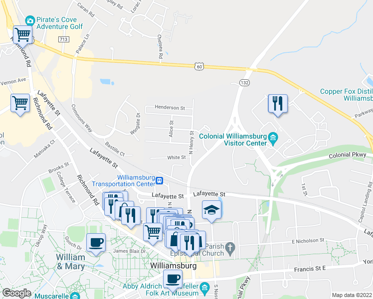 map of restaurants, bars, coffee shops, grocery stores, and more near 606 North Henry Street in Williamsburg