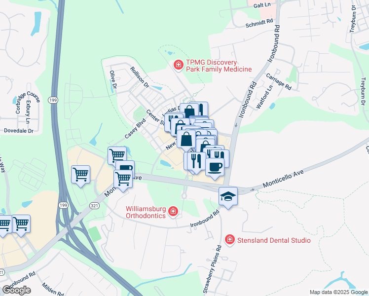 map of restaurants, bars, coffee shops, grocery stores, and more near 5109 Center Street in Williamsburg
