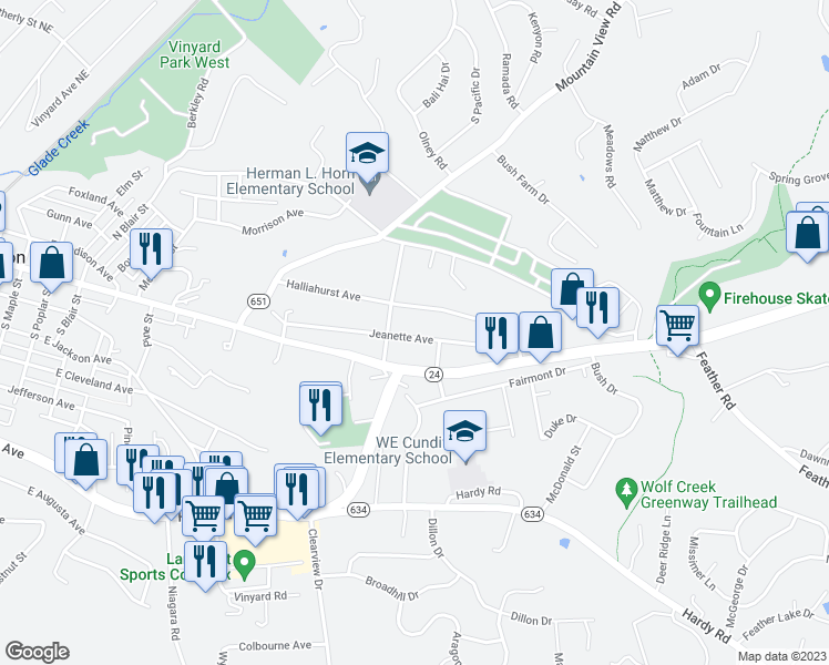 map of restaurants, bars, coffee shops, grocery stores, and more near 1112 Jeanette Avenue in Vinton