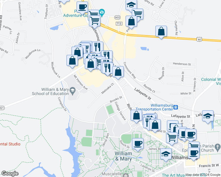 map of restaurants, bars, coffee shops, grocery stores, and more near 111 Matoaka Court in Williamsburg