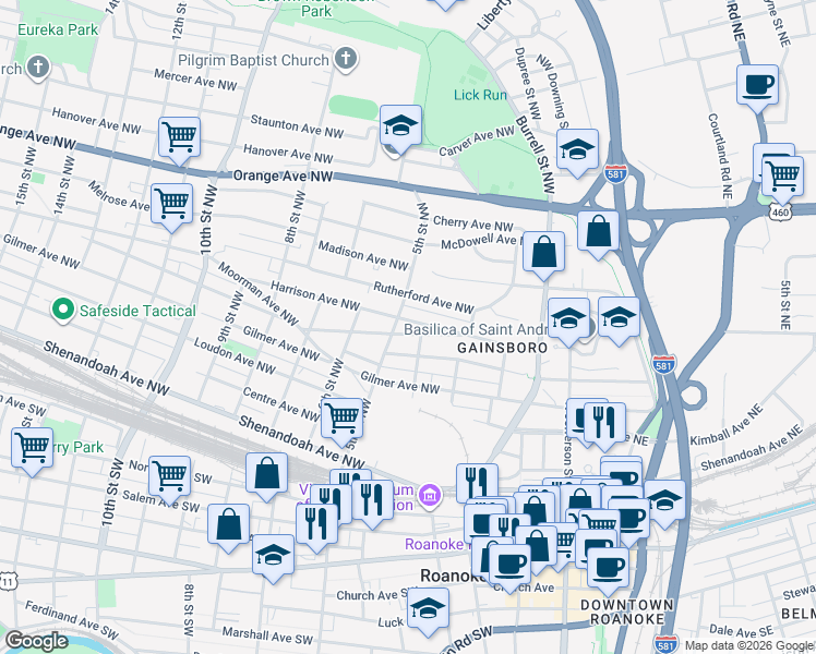 map of restaurants, bars, coffee shops, grocery stores, and more near 415 Patton Avenue Northwest in Roanoke
