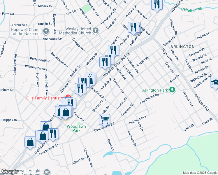 map of restaurants, bars, coffee shops, grocery stores, and more near 1108 Edgewood Boulevard in Hopewell