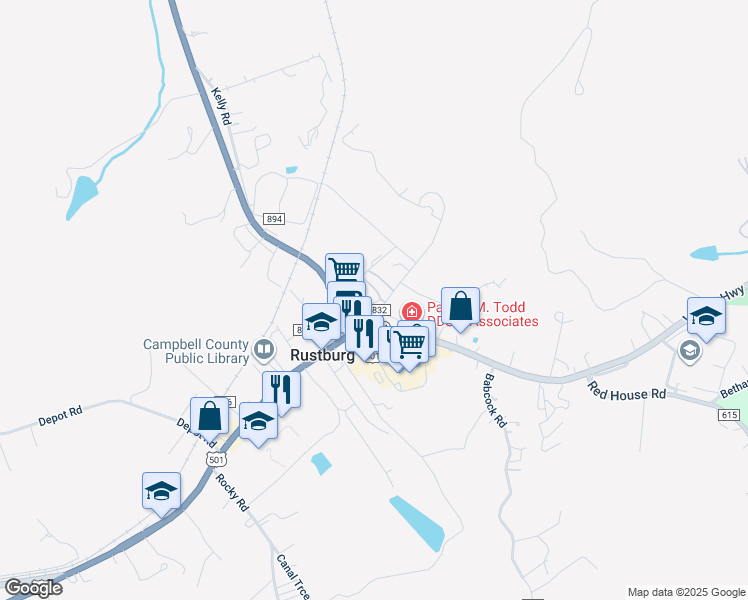 map of restaurants, bars, coffee shops, grocery stores, and more near 52 Mountain Lane in Rustburg