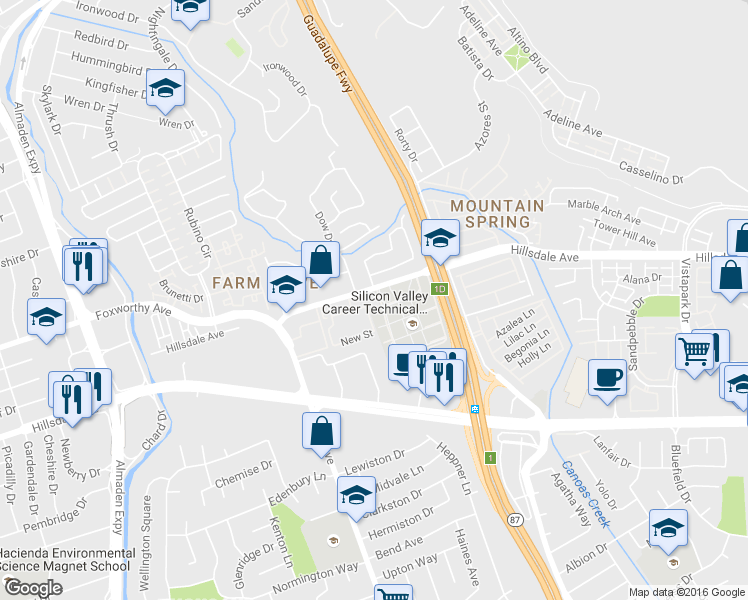 map of restaurants, bars, coffee shops, grocery stores, and more near 760 Hillsdale Avenue in San Jose