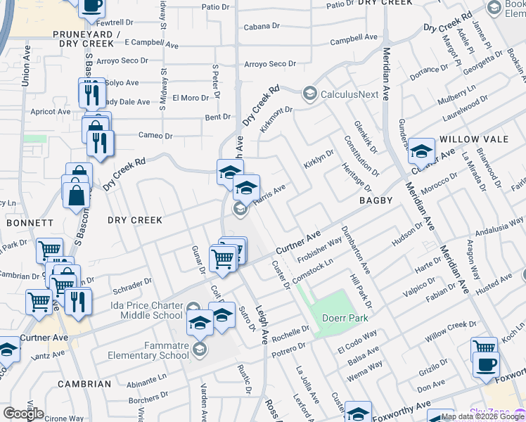 map of restaurants, bars, coffee shops, grocery stores, and more near 2459 Parquet Court in San Jose
