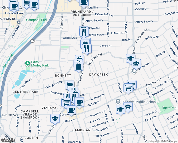 map of restaurants, bars, coffee shops, grocery stores, and more near 2331 Pauline Drive in San Jose