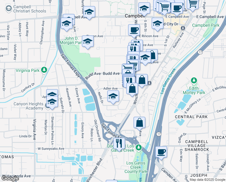 map of restaurants, bars, coffee shops, grocery stores, and more near 185 Echo Avenue in Campbell
