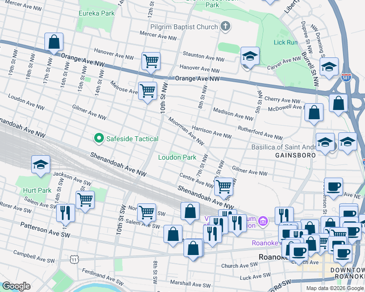 map of restaurants, bars, coffee shops, grocery stores, and more near 810 Gilmer Avenue Northwest in Roanoke