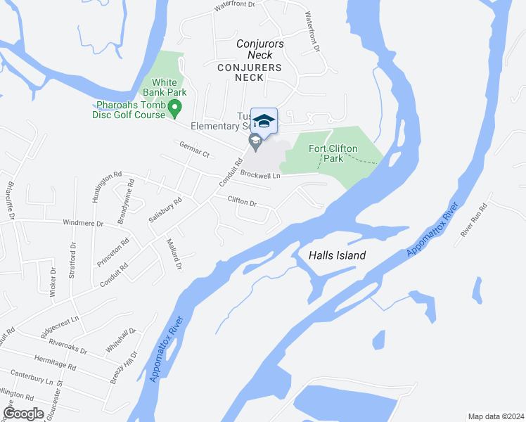 map of restaurants, bars, coffee shops, grocery stores, and more near 1209 Clifton Drive in Colonial Heights