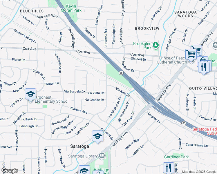 map of restaurants, bars, coffee shops, grocery stores, and more near 19522 Via Real Drive in Saratoga