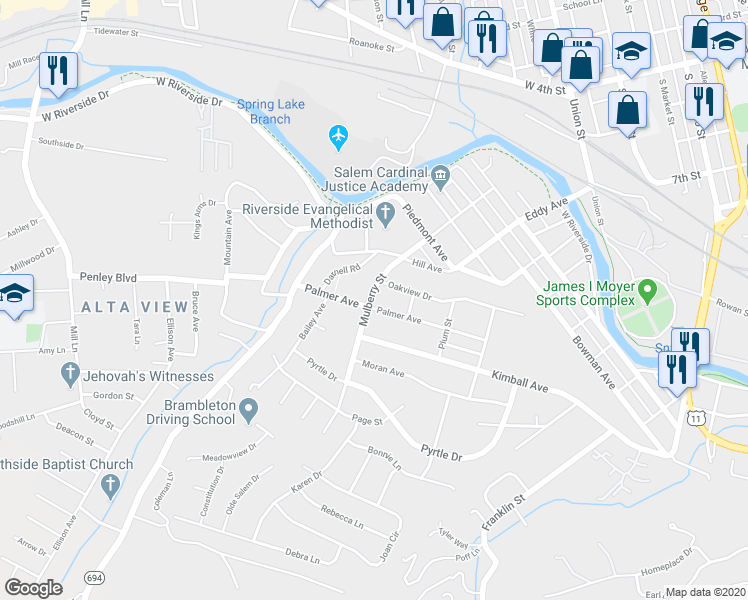 map of restaurants, bars, coffee shops, grocery stores, and more near 2012 Mulberry Street in Salem