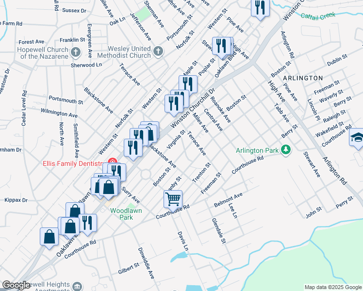 map of restaurants, bars, coffee shops, grocery stores, and more near 1108 Edgewood Boulevard in Hopewell