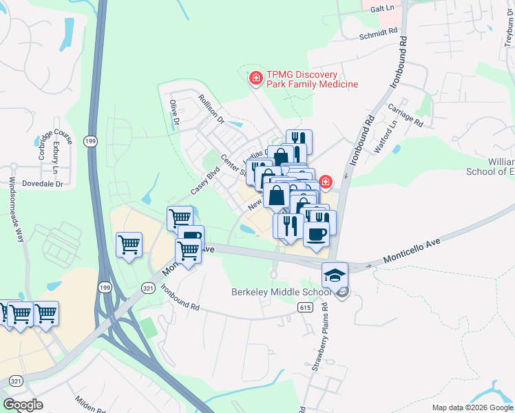 map of restaurants, bars, coffee shops, grocery stores, and more near 4803 Courthouse Street in Williamsburg