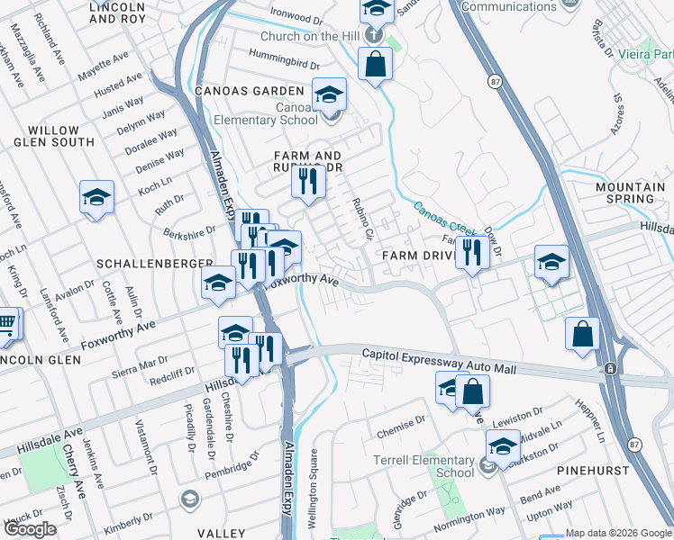 map of restaurants, bars, coffee shops, grocery stores, and more near 3078 Nattinger Lane in San Jose