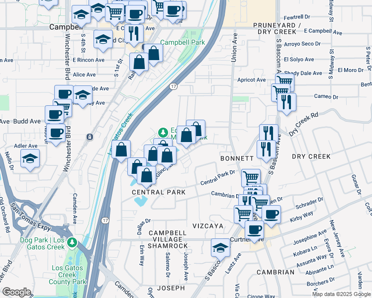 map of restaurants, bars, coffee shops, grocery stores, and more near 540 Westchester Drive in Campbell