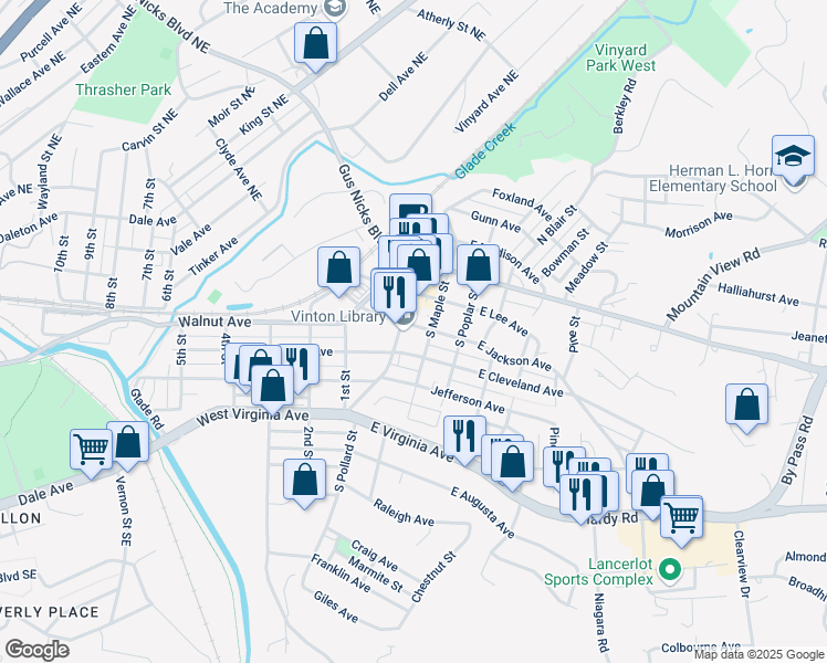 map of restaurants, bars, coffee shops, grocery stores, and more near 300 South Pollard Street in Vinton