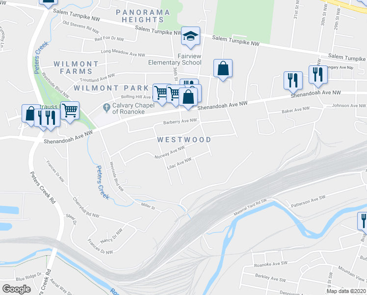 map of restaurants, bars, coffee shops, grocery stores, and more near 3611 Norway Avenue Northwest in Roanoke