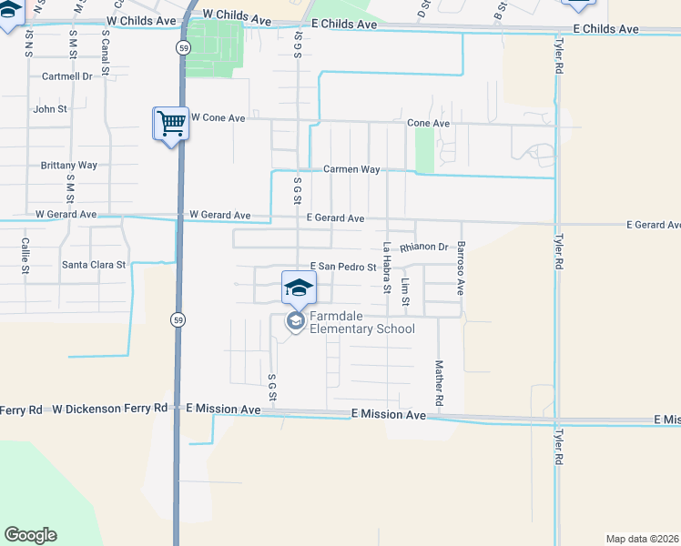 map of restaurants, bars, coffee shops, grocery stores, and more near 124 East San Pedro Street in Merced