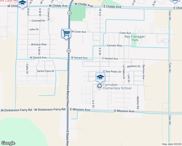 map of restaurants, bars, coffee shops, grocery stores, and more near 80 San Pedro Street in Merced
