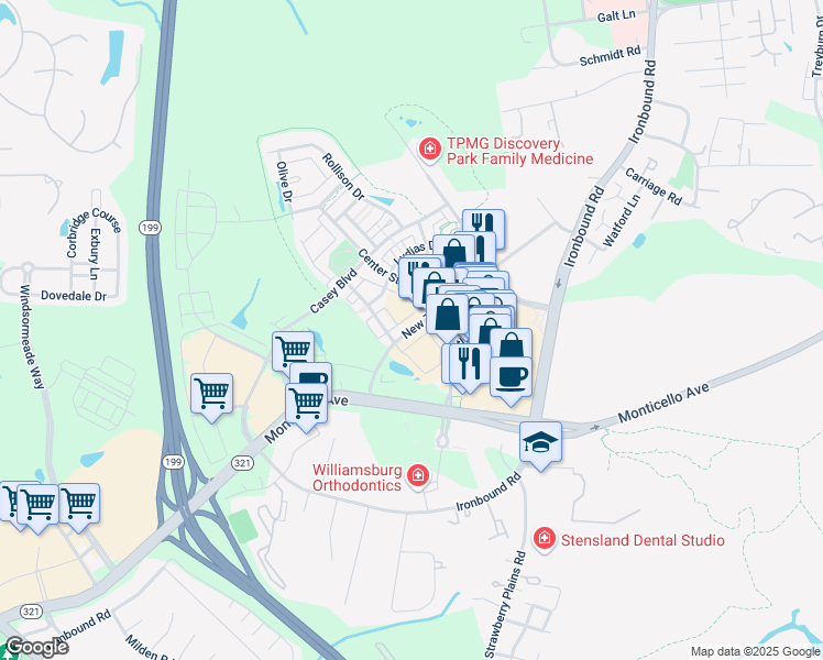 map of restaurants, bars, coffee shops, grocery stores, and more near 4214 New Town Avenue in Williamsburg