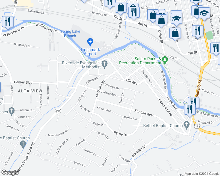 map of restaurants, bars, coffee shops, grocery stores, and more near 802 Oakview Drive in Salem