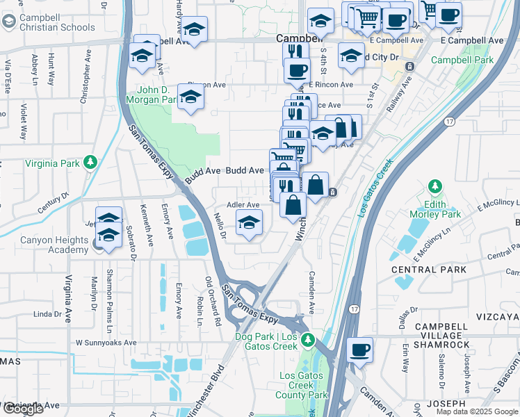 map of restaurants, bars, coffee shops, grocery stores, and more near 174 Wilton Drive in Campbell