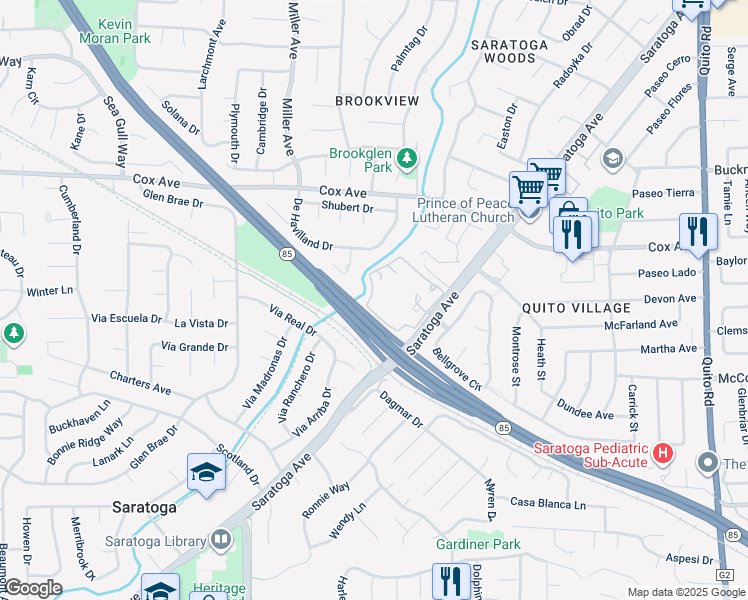 map of restaurants, bars, coffee shops, grocery stores, and more near 19403 Vineyard Lane in Saratoga
