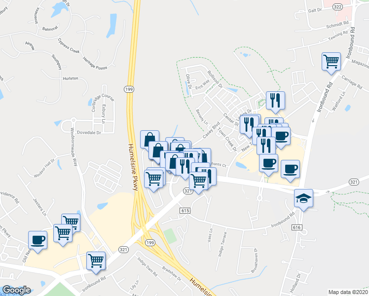 map of restaurants, bars, coffee shops, grocery stores, and more near 4971 Trailside in Williamsburg