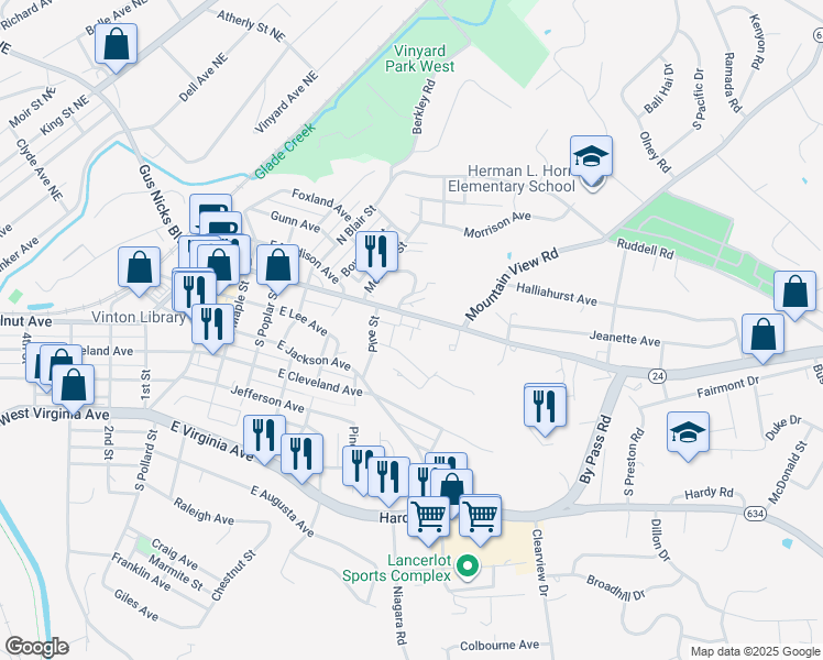 map of restaurants, bars, coffee shops, grocery stores, and more near 836 Washington Avenue in Vinton